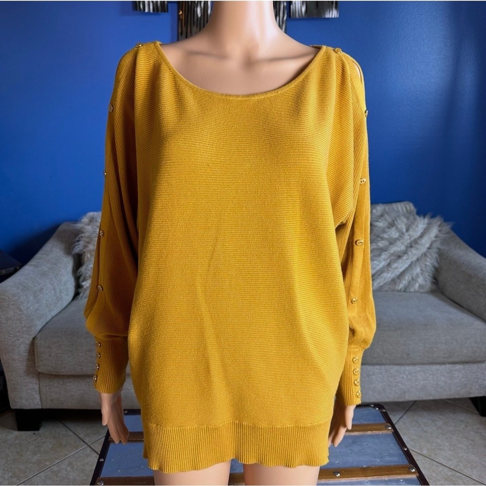 New York & Company Sweater Mustard Dolman Sleeve Button Detail Knit Blouse